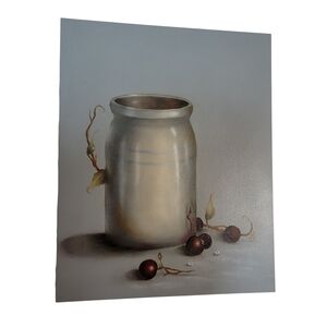 Handpainted Signed Still Life Artwork No. 2 Crock Cherries On Wood Board 1989